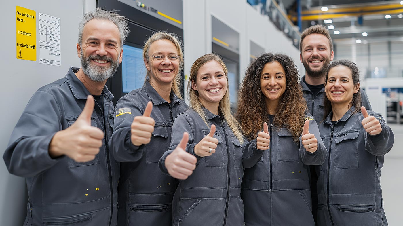 Zufriedenes Mitarbeiterteam zeigt Daumen hoch neben Sicherheitsanzeige mit ‚0 Unfälle diesen Monat‘ in heller, sauberer Produktionshalle
