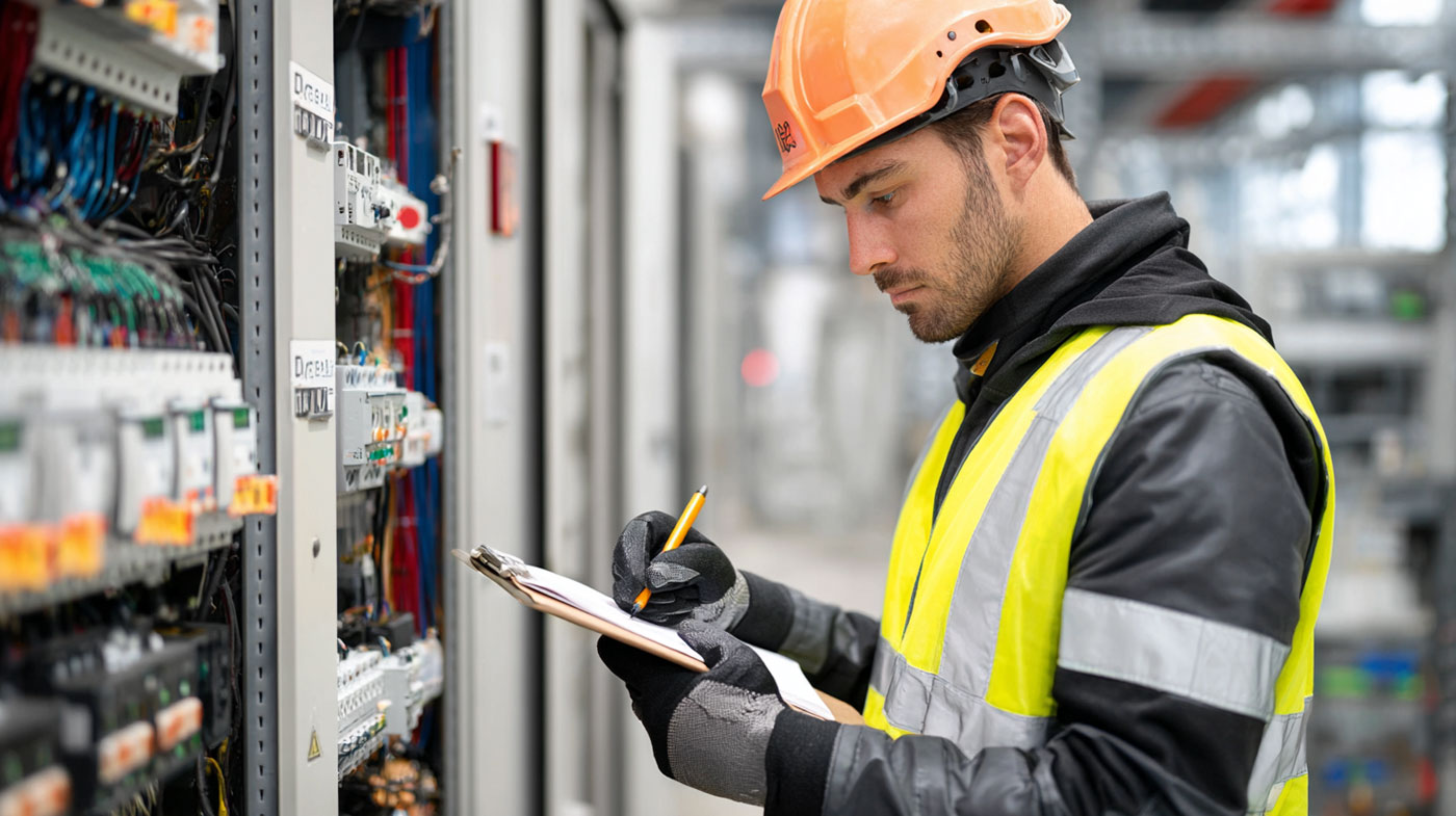 DGUV V3 Prüfung. Ein Sicherheitsprüfer kontrolliert elektrische Anlagen an einem Schaltschrank.