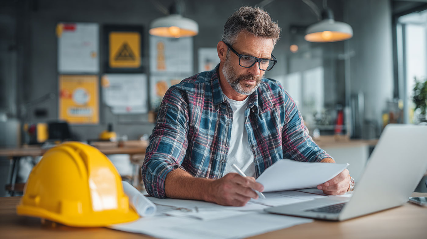 Sicherheitsbeauftragter am Schreibtisch mit Laptop, Helm und 90-Tage-Plan-Checkliste