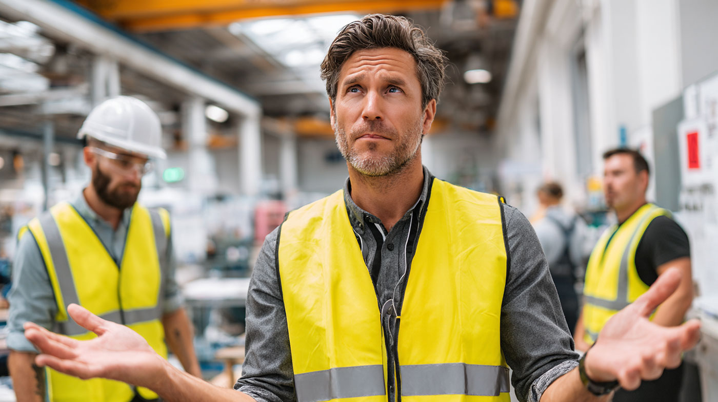Sicherheitsbeauftragter mit Warnweste steht in Werkhalle und beobachtet Kollegen mit falscher Schutzausrüstung – Symbol für typische Fehler und offene Fragen im Arbeitsschutz