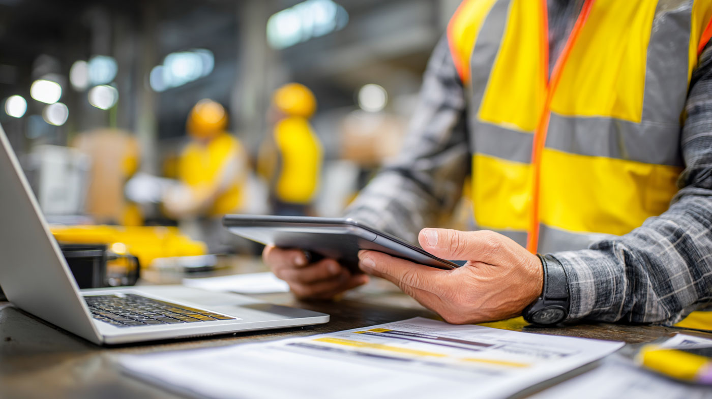 Sicherheitsbeauftragter mit Warnweste nutzt Tablet und digitale Checkliste im Industriebetrieb – Symbol für Tools und Vorlagen zur Zeitersparnis