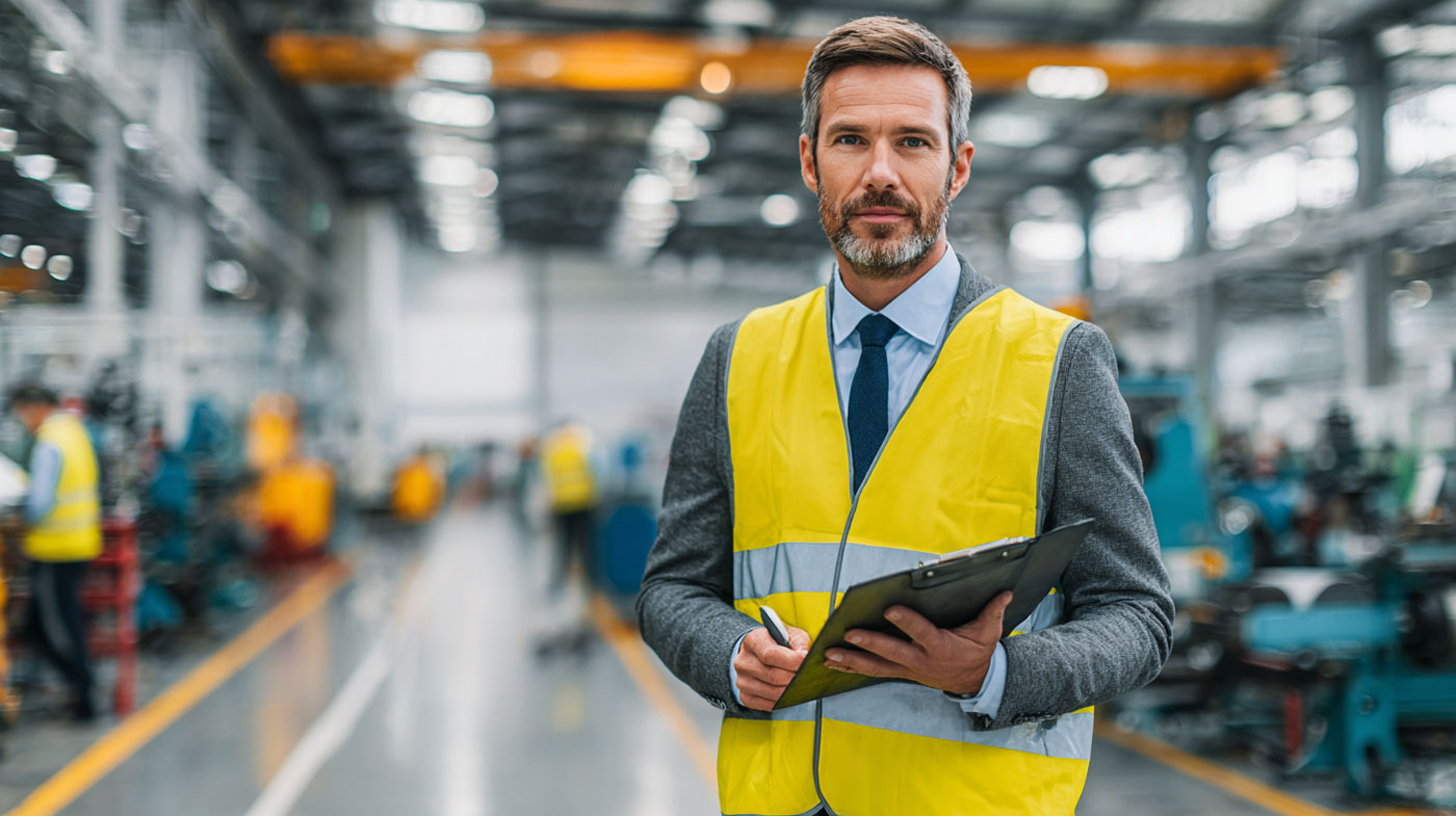 Sicherheitsbeauftragter im Unternehmen mit Warnweste und Clipboard, Symbol für Aufgaben und Pflichten im Arbeitsschutz