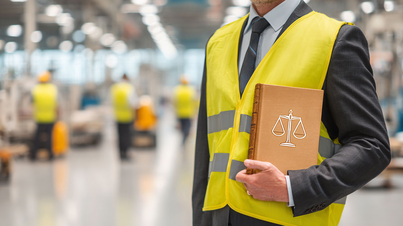 Sicherheitsbeauftragter mit Warnweste und Gesetzbuch im Industrieumfeld – Symbol für Rechtsgrundlagen